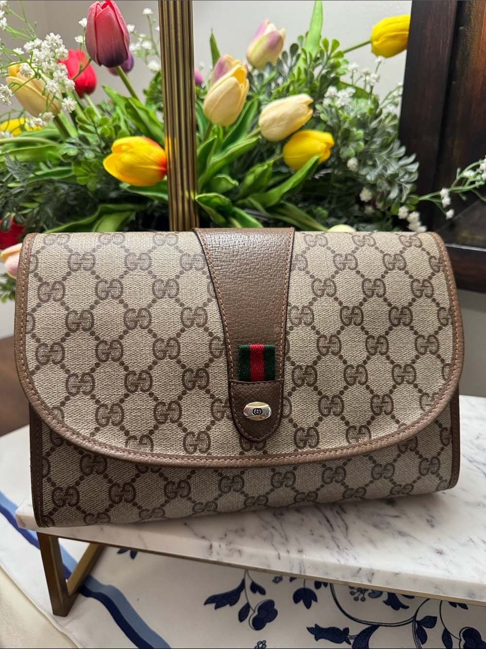 Gucci GG Supreme Sherry Line Clutch with Web Stripe Vintage EUC